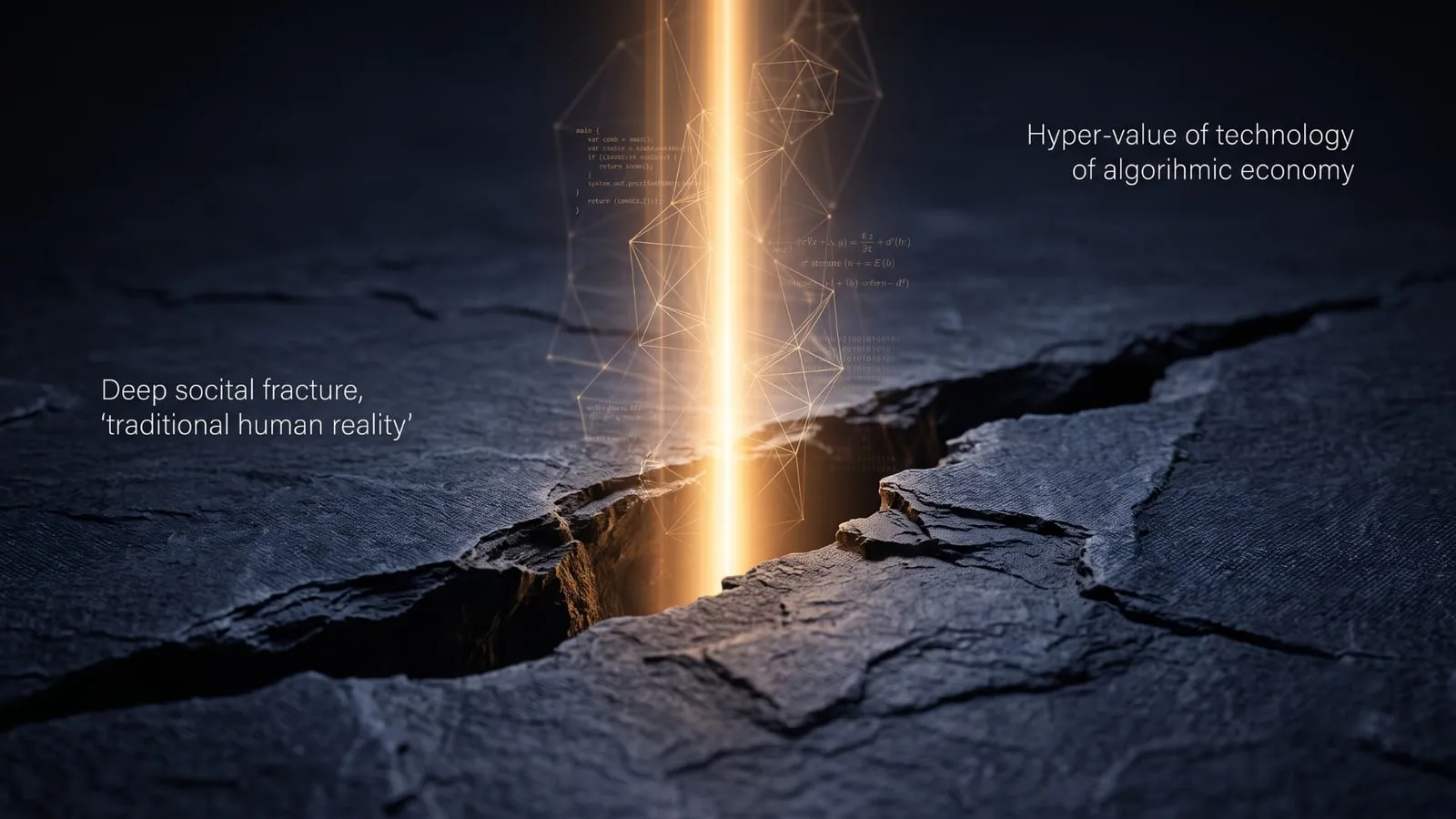 Una lastra di roccia scura spaccata da una crepa da cui sale una colonna di luce dorata; ai lati due scritte in inglese sulla frattura sociale e sull’economia degli algoritmi