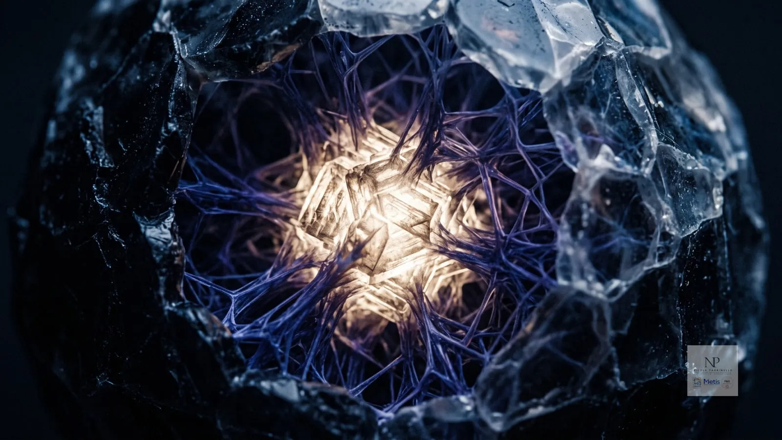 Una roccia scura spaccata a metà, con una crosta di cristallo, che rivela all’interno un groviglio di fili blu attorno a un nucleo di luce