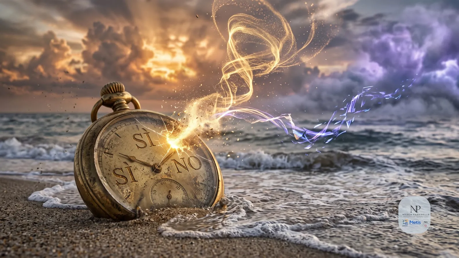 Un orologio da tasca semisepolto nella sabbia del bagnasciuga, con le parole «sì» e «no» sul quadrante e scie di luce che salgono verso un cielo di tramonto e di tempesta